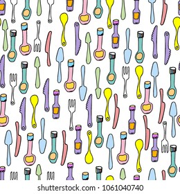 Kitchen Utensils and cooking tools seamless pattern. Endless repeat texture can be used for wallpaper, pattern fills, decoupage background, holiday napkins surface textures. Doodle vector background.