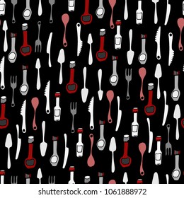 Kitchen Utensils and cooking tools seamless pattern. Endless repeat texture can be used for wallpaper, pattern fills, decoupage background, holiday napkins surface textures. Doodle vector background.