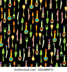 Kitchen Utensils and cooking tools seamless pattern. Endless repeat texture can be used for wallpaper, pattern fills, decoupage background, holiday napkins surface textures. Doodle vector background.