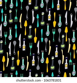 Kitchen Utensils and cooking tools seamless pattern. Endless repeat texture can be used for wallpaper, pattern fills, decoupage background, holiday napkins surface textures. Doodle vector background.