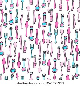 Kitchen Utensils and cooking tools seamless pattern. Endless repeat texture can be used for wallpaper, pattern fills, decoupage background, holiday napkins surface textures. Doodle vector background.