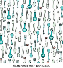Kitchen Utensils and cooking tools seamless pattern. Endless repeat texture can be used for wallpaper, pattern fills, decoupage background, holiday napkins surface textures. Doodle vector background.