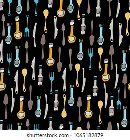 Kitchen Utensils and cooking tools seamless pattern. Endless repeat texture can be used for wallpaper, pattern fills, decoupage background, holiday napkins surface textures. Doodle vector background.