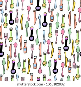 Kitchen Utensils and cooking tools seamless pattern. Endless repeat texture can be used for wallpaper, pattern fills, decoupage background, holiday napkins surface textures. Doodle vector background.