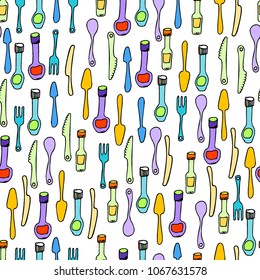 Kitchen Utensils and cooking tools seamless pattern. Endless repeat texture can be used for wallpaper, pattern fills, decoupage background, holiday napkins surface textures. Doodle vector background.