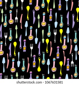 Kitchen Utensils and cooking tools seamless pattern. Endless repeat texture can be used for wallpaper, pattern fills, decoupage background, holiday napkins surface textures. Doodle vector background.
