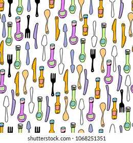 Kitchen Utensils and cooking tools seamless pattern. Endless repeat texture can be used for wallpaper, pattern fills, decoupage background, holiday napkins surface textures. Doodle vector background.