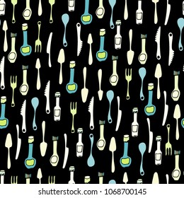Kitchen Utensils and cooking tools seamless pattern. Endless repeat texture can be used for wallpaper, pattern fills, decoupage background, holiday napkins surface textures. Doodle vector background.