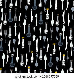 Kitchen Utensils and cooking tools seamless pattern. Endless repeat texture can be used for wallpaper, pattern fills, decoupage background, holiday napkins surface textures. Doodle vector background.