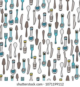 Kitchen Utensils and cooking tools seamless pattern. Endless repeat texture can be used for wallpaper, pattern fills, decoupage background, holiday napkins surface textures. Doodle vector background.