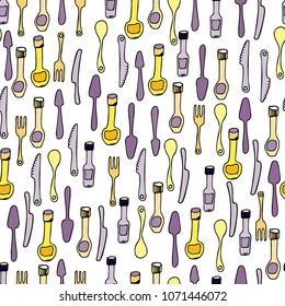 Kitchen Utensils and cooking tools seamless pattern. Endless repeat texture. Doodle vector background.