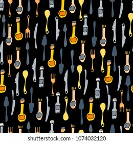 Kitchen Utensils and cooking tools seamless pattern. Endless repeat texture can be used for wallpaper, pattern fills, decoupage background, holiday napkins surface textures. Doodle vector background.