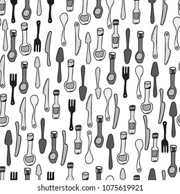 Kitchen Utensils and cooking tools seamless pattern. Endless repeat texture can be used for wallpaper, pattern fills, decoupage background, holiday napkins surface textures. Doodle vector background.