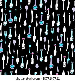 Kitchen Utensils and cooking tools seamless pattern. Endless repeat texture can be used for wallpaper, pattern fills, decoupage background, holiday napkins surface textures. Doodle vector background.
