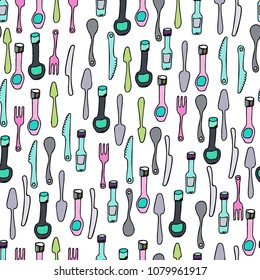 Kitchen Utensils and cooking tools seamless pattern. Endless repeat texture can be used for wallpaper, pattern fills, decoupage background, holiday napkins surface textures. Doodle vector background.