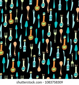 Kitchen Utensils and cooking tools seamless pattern. Endless repeat texture can be used for wallpaper, pattern fills, decoupage background, holiday napkins surface textures. Doodle vector background.