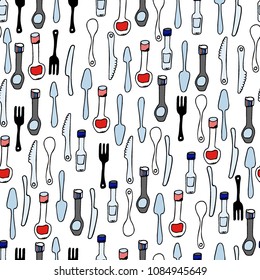 Kitchen Utensils and cooking tools seamless pattern. Endless repeat texture can be used for wallpaper, pattern fills, decoupage background, holiday napkins surface textures. Doodle vector background.