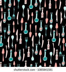 Kitchen Utensils and cooking tools seamless pattern. Endless repeat texture can be used for wallpaper, pattern fills, decoupage background, holiday napkins surface textures. Doodle vector background.