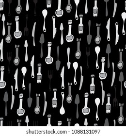 Kitchen Utensils and cooking tools seamless pattern. Endless repeat texture can be used for wallpaper, pattern fills, decoupage background, holiday napkins surface textures. Doodle vector background.