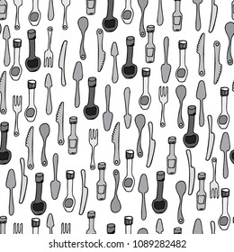 Kitchen Utensils and cooking tools seamless pattern. Endless repeat texture can be used for wallpaper, pattern fills, decoupage background, holiday napkins surface textures. Doodle vector background.