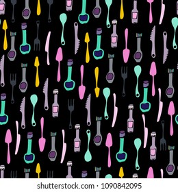 Kitchen Utensils and cooking tools seamless pattern. Endless repeat texture can be used for wallpaper, pattern fills, decoupage background, holiday napkins surface textures. Doodle vector background.