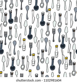 Kitchen Utensils and cooking tools seamless pattern. Endless repeat texture can be used for wallpaper, pattern fills, decoupage background, holiday napkins surface textures. Doodle vector background.