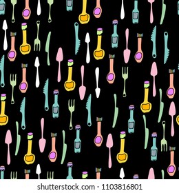 Kitchen Utensils and cooking tools seamless pattern. Endless repeat texture can be used for wallpaper, pattern fills, decoupage background, holiday napkins surface textures. Doodle vector background.