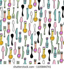 Kitchen Utensils and cooking tools seamless pattern. Endless repeat texture can be used for wallpaper, pattern fills, decoupage background, holiday napkins surface textures. Doodle vector background.