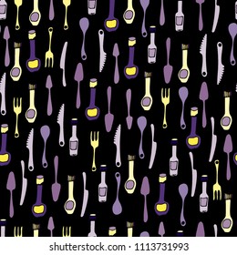 Kitchen Utensils and cooking tools seamless pattern. Endless repeat texture can be used for wallpaper, pattern fills, decoupage background, holiday napkins surface textures. Doodle vector background.