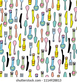 Kitchen Utensils and cooking tools seamless pattern. Endless repeat texture can be used for wallpaper, pattern fills, decoupage background, holiday napkins surface textures. Doodle vector background.