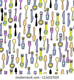 Kitchen Utensils and cooking tools seamless pattern. Endless repeat texture can be used for wallpaper, pattern fills, decoupage background, holiday napkins surface textures. Doodle vector background.