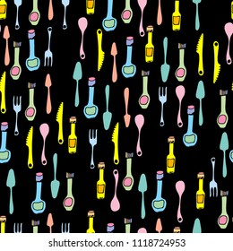 Kitchen Utensils and cooking tools seamless pattern. Endless repeat texture can be used for wallpaper, pattern fills, decoupage background, holiday napkins surface textures. Doodle vector background.