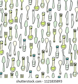 Kitchen Utensils and cooking tools seamless pattern. Endless repeat texture can be used for wallpaper, pattern fills, decoupage background, holiday napkins surface textures. Doodle vector background.