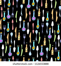 Kitchen Utensils and cooking tools seamless pattern. Endless repeat texture can be used for wallpaper, pattern fills, decoupage background, holiday napkins surface textures. Doodle vector background.