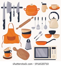 Kitchen utensils for cooking. Vector set of kitchen accessories, metal and ceramic dishes. Kitchen items, cooking equipment.