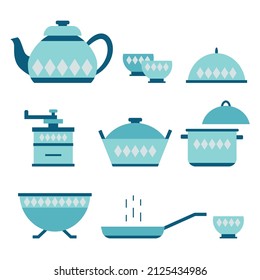 Kitchen utensils for cooking. Vector set of kitchen accessories. Kitchen items, cooking equipment.