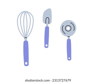 Kitchen utensils. Cooking whisk, confectionery spatula, wheel pizza cutter. Vector illustration.