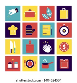 Kitchen utensils and cookware flat icons set, cooking tools and kitchenware equipment, serve meals and food preparation elements. Modern design style vector illustration on white background.