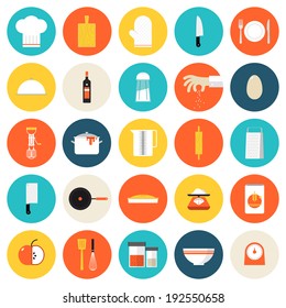 Kitchen Utensils And Cookware Flat Icons Set, Cooking Tools And Kitchenware Equipment, Serve Meals And Food Preparation Elements. Modern Design Style Vector Illustration Symbol Collection.