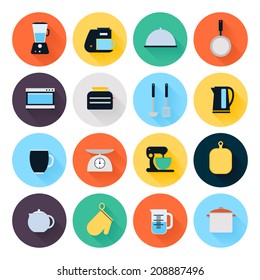 Kitchen utensils and cookware flat icons set, cooking tools and kitchenware equipment, serve meals and food preparation elements. 