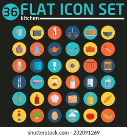 Kitchen utensils and cookware flat icons set, cooking tools and kitchenware equipment, serve meals and food preparation elements. Modern design style vector illustration symbol collection.