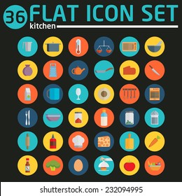 Kitchen utensils and cookware flat icons set, cooking tools and kitchenware equipment, serve meals and food preparation elements. Modern design style vector illustration symbol collection.