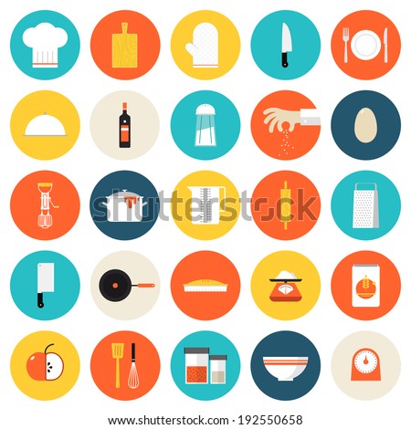 Kitchen utensils and cookware flat icons set, cooking tools and kitchenware equipment, serve meals and food preparation elements. Modern design style vector illustration symbol collection.