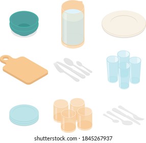 Kitchen utensils, cookware and food set. Isometric vector illustration in flat design. 