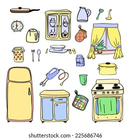 Kitchen utensils and cookware hand drawn icons set, cooking tools and kitchenware equipment, cartoon design of elements