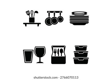 Kitchen utensils and cookware icon set with plates glasses and storage containers - Restaurant kitchen equipment silhouette pack
