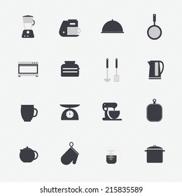 Kitchen utensils and cookware  icons set, cooking tools and kitchenware equipment, serve meals and food preparation elements. Modern design style vector illustration symbol collection.
