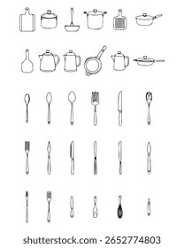 kitchen utensils and cookware line art on white background