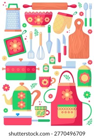 Kitchen utensils and cookware set with floral accents. Bright flat vector collection for cooking, home decor, recipe design, packaging, stickers and cozy lifestyle projects.
