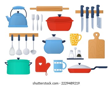 Kitchen utensils and crockery - flat design style objects set. High quality colorful images of teapot, saucepan, frying pan, set of knives, salt and pepper shaker, cup, textile tack, fork, spoon